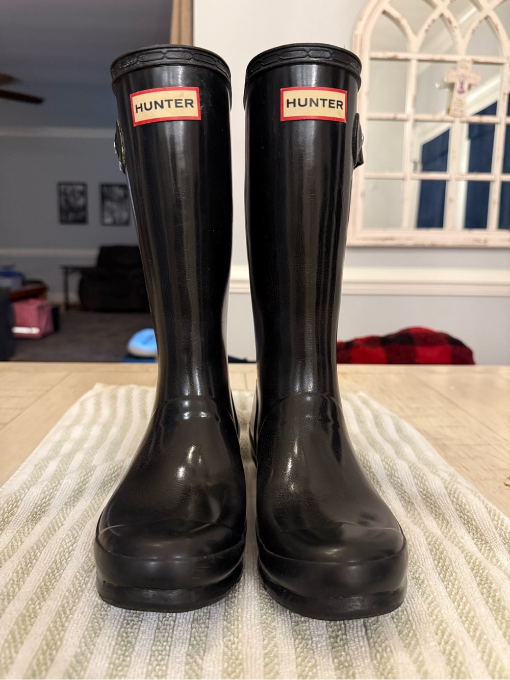 Hunter Glossy Black Tall Rain Boots with Red-Trim Logo